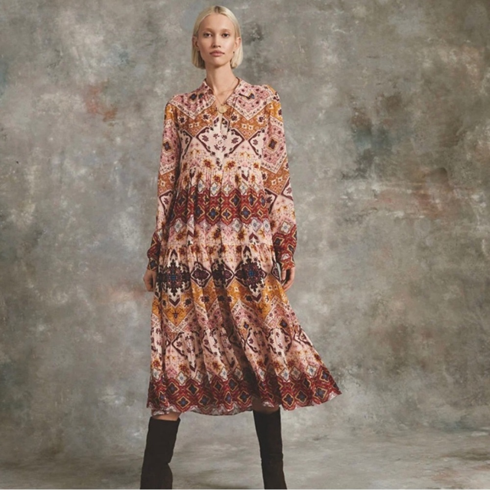 Cara Cara Lolan Geo Print Georgette Midi Dress Women’s Size Medium Rose Dawn NWT - Picture 2 of 12